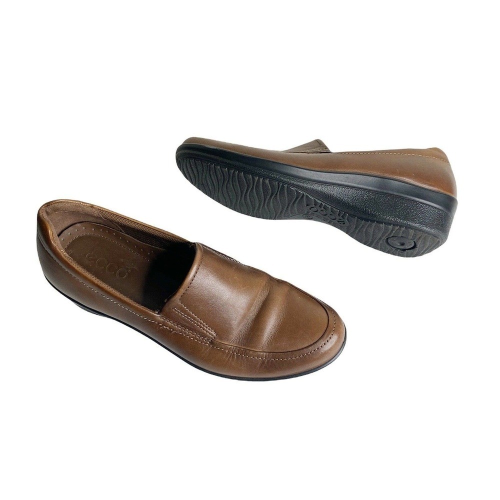 Ecco Shock Point EU Sz 39 Us 8.5 Leather Shoes Womens Slip On Low Wedge Brown